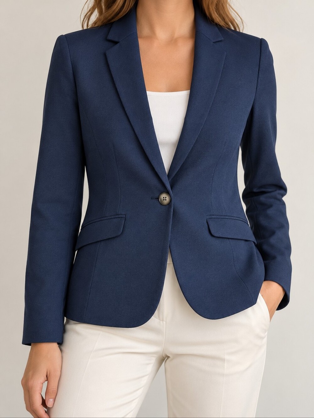 H&M Navy Blue Textured Tailored Blazer Stretch Single Button Lined Size 8